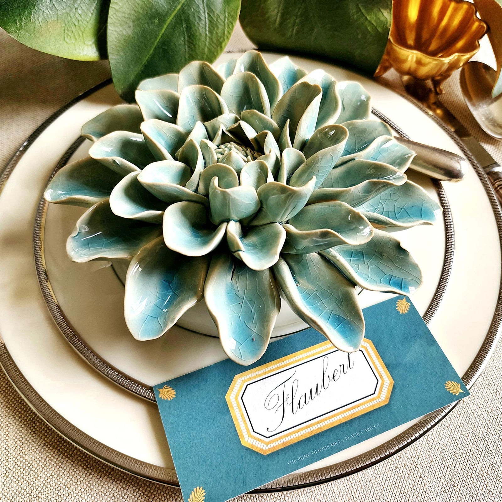 Mr. P's Dinner Plate Dahlia Ceramic Blossom- Celadon