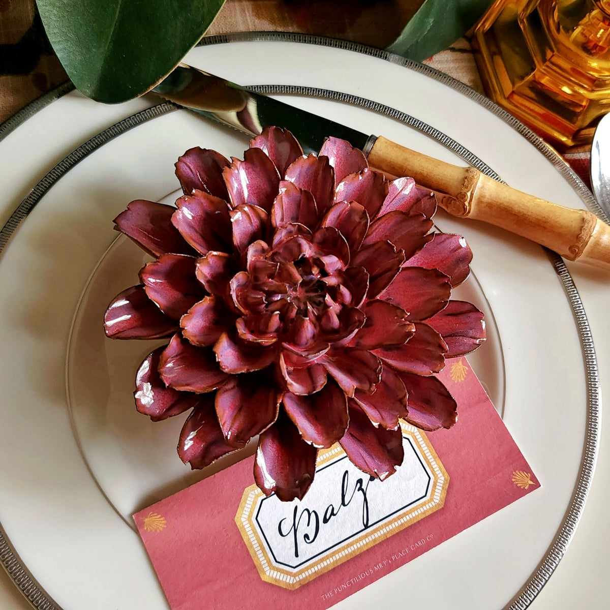 Punctilious Mr. P's Place Card Co. - Ceramic Blossom- Zinnia- Burgundy