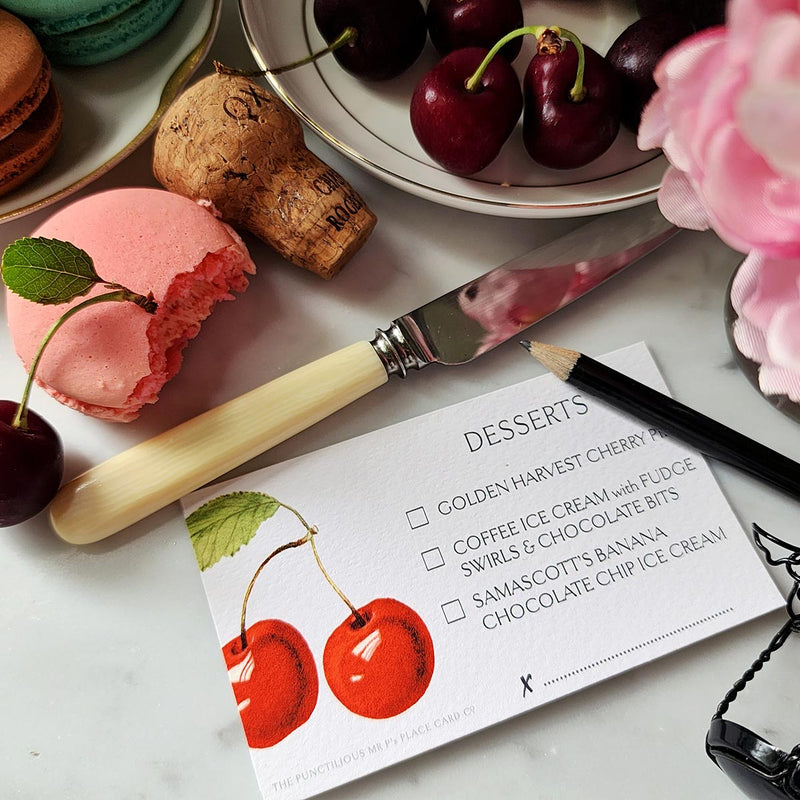 Cherries - Custom Dessert Cards - The Punctilious Mr. P's Place Card Co.