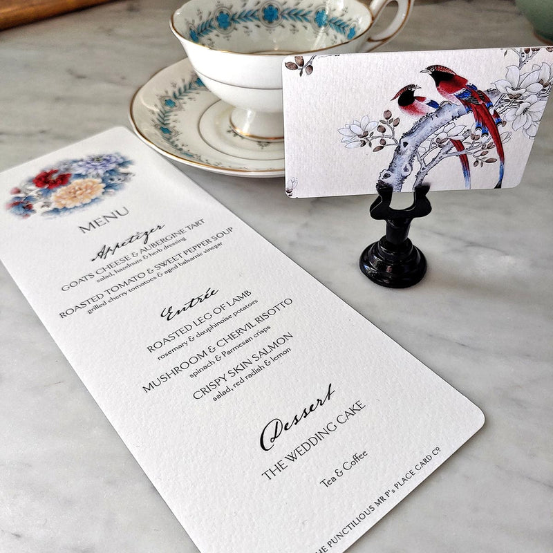 Custom Menu Cards: Courtship Birds s/4 - The Punctilious Mr. P's Place Card Co.