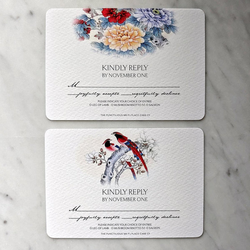 Custom Wedding RSVP Cards s/4 - The Punctilious Mr. P's Place Card Co.