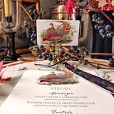 Fiery Pheasants - Custom Menu Cards - s/4 - The Punctilious Mr. P's Place Card Co.