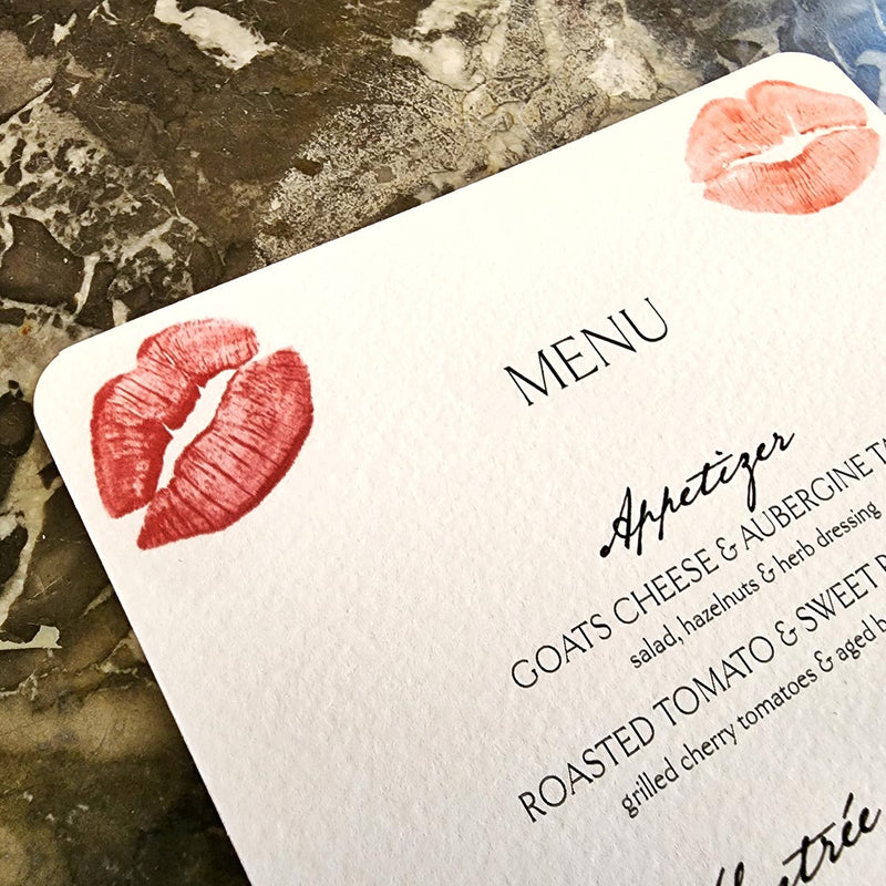 Kisses - Custom Menu Cards - s/4 - The Punctilious Mr. P's Place Card Co.