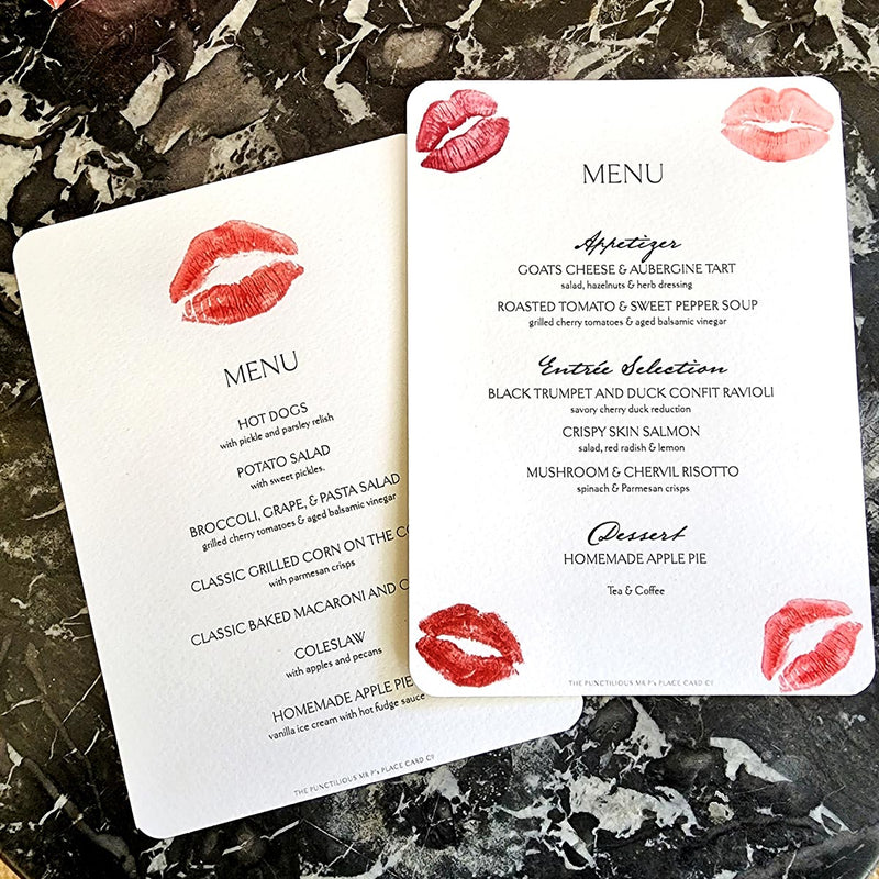 Kisses - Custom Menu Cards - s/4 - The Punctilious Mr. P's Place Card Co.