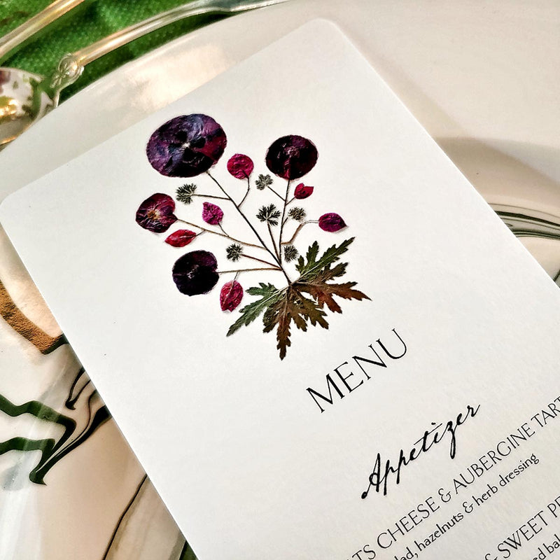 Marian McEvoy: Pressed Poppies - Custom Menu Card s/4 - The Punctilious Mr. P's Place Card Co.