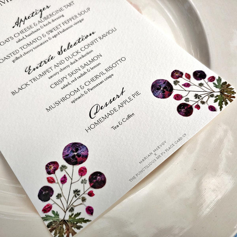 Marian McEvoy: Pressed Poppies - Custom Menu Card s/4 - The Punctilious Mr. P's Place Card Co.