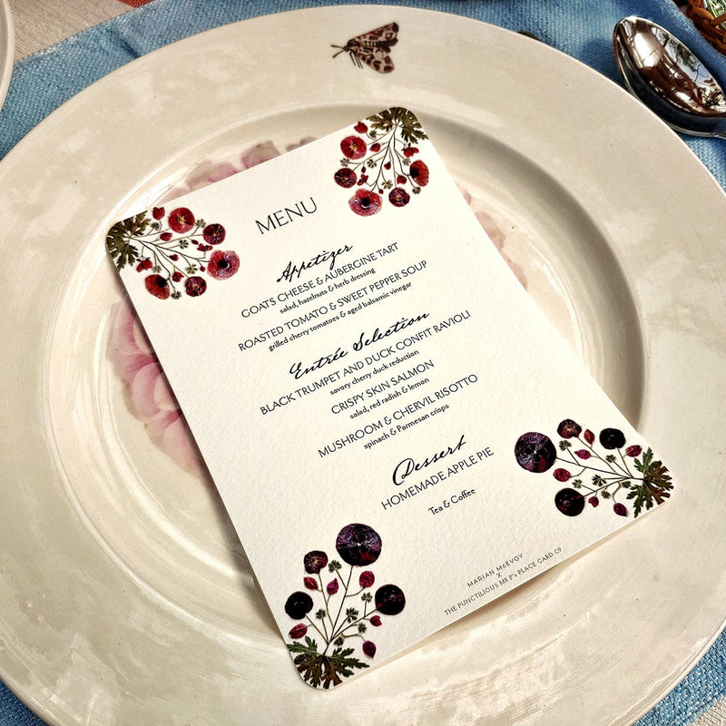 Marian McEvoy: Pressed Poppies - Custom Menu Card s/4 - The Punctilious Mr. P's Place Card Co.