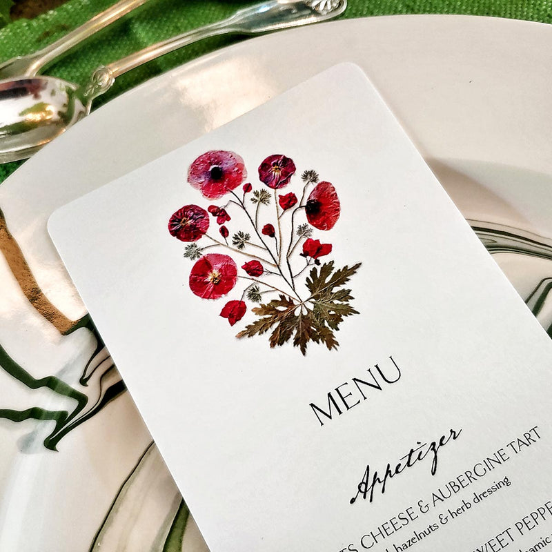 Marian McEvoy: Pressed Poppies - Custom Menu Card s/4 - The Punctilious Mr. P's Place Card Co.