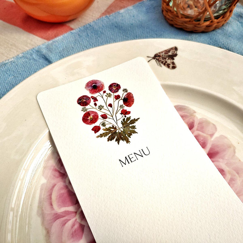 Marian McEvoy: Pressed Poppies - Custom Menu Cards: 'Blank' s/4 - The Punctilious Mr. P's Place Card Co.