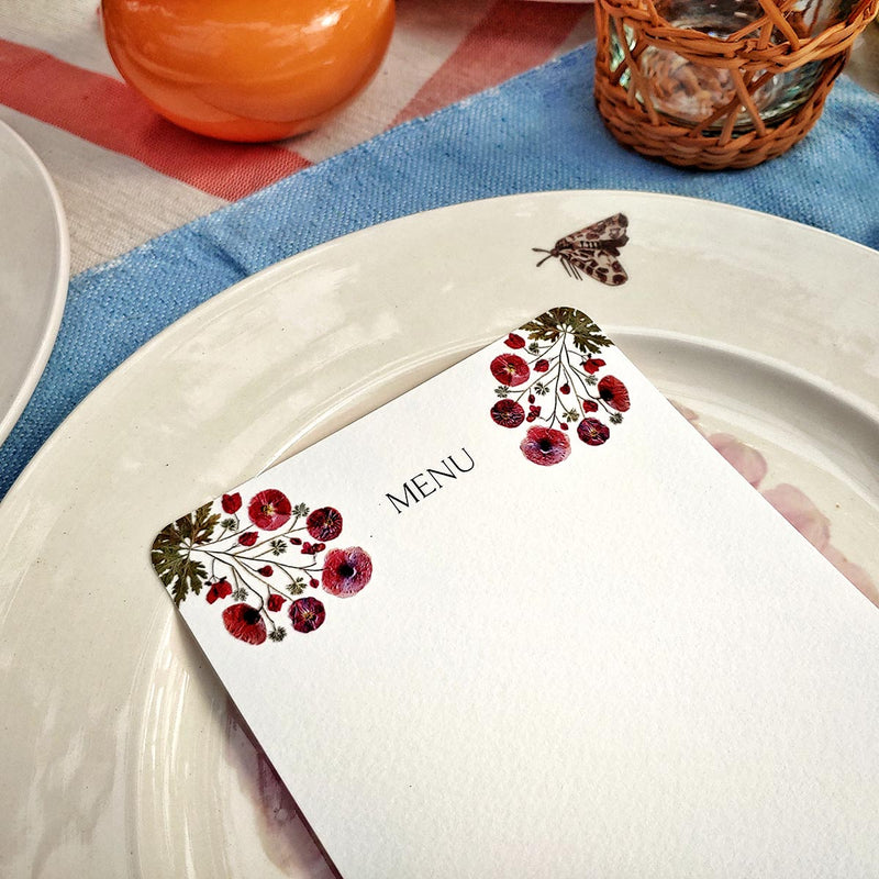 Marian McEvoy: Pressed Poppies - Custom Menu Cards: 'Blank' s/4 - The Punctilious Mr. P's Place Card Co.