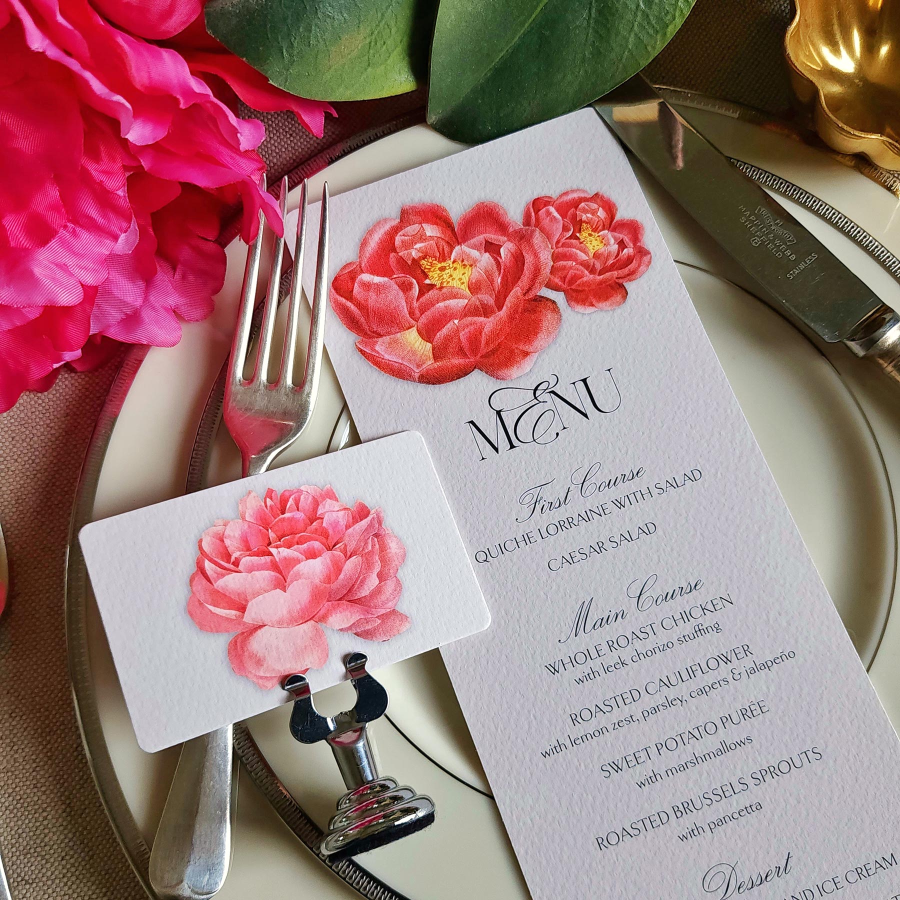Cardoon Menu Set/4 Peony Custom Menu Cards- Mr. P's Place Card Co.