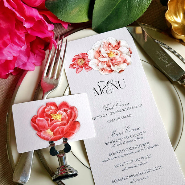 Peony - Custom Menu Cards - s/4 - The Punctilious Mr. P's Place Card Co.