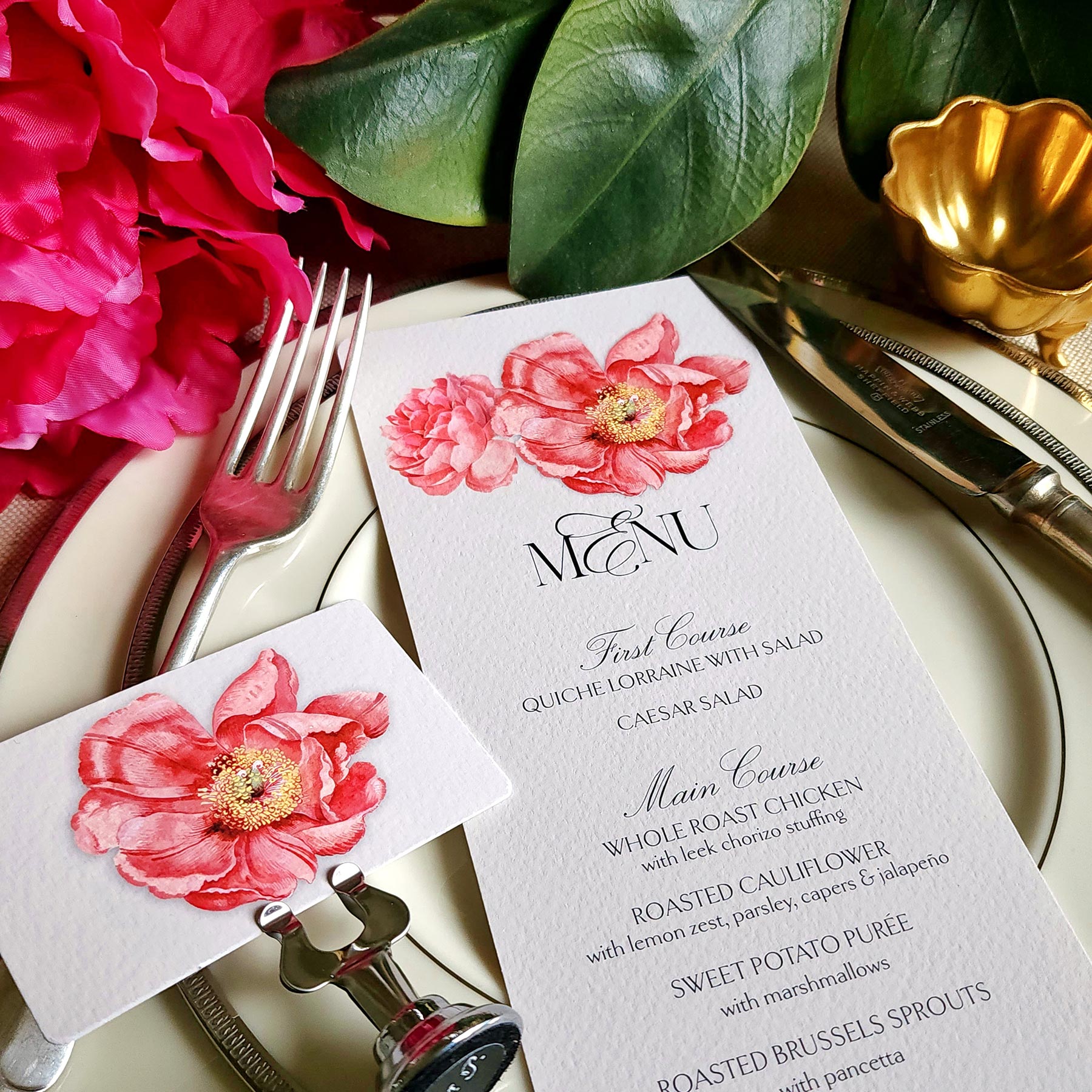 Set/4 Peony Custom Menu Cards- Mr. P's Place Card Co.