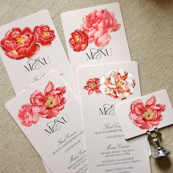 Peony - Custom Menu Cards - s/4 - The Punctilious Mr. P's Place Card Co.