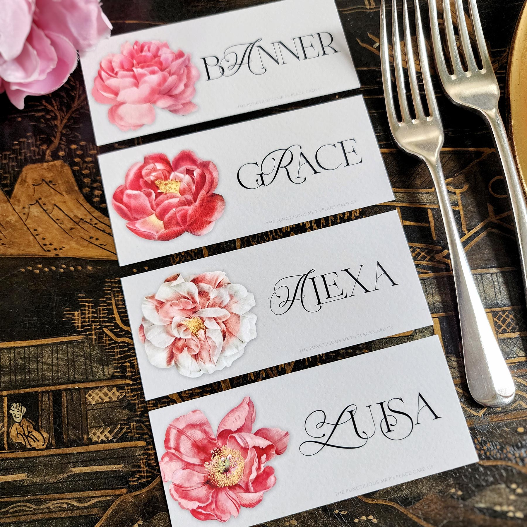 Set/ 16 Peony (flowers) Laydown custom name place cards
