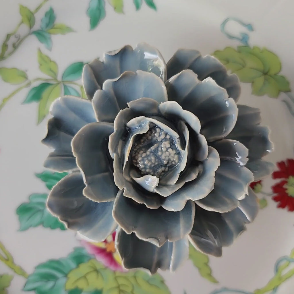 video of Handcrafted petite misty blue ceramic peony blossom from The Punctilious Mr. P's Place Card Co.