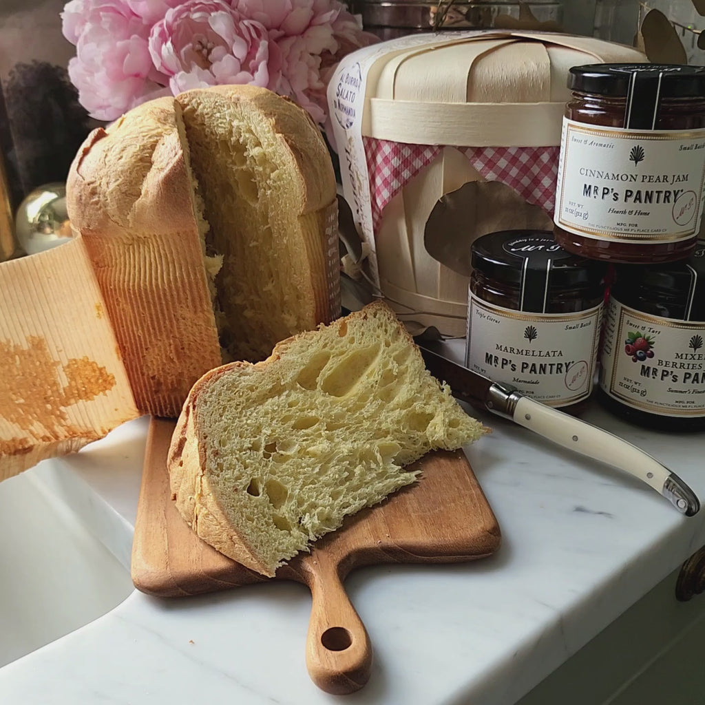 video of Flamigni- Panettone Demi Sel with balsa wood basket and jam