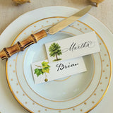 video of American Sycamore Tree illustrated Place card with 'CHARLES' on a decorative plate with bamboo knife