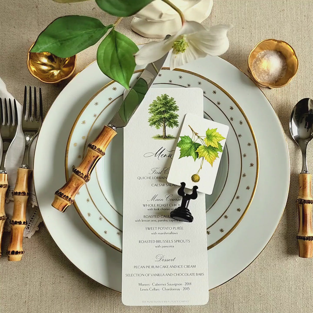 video of American Sycamore Tree illustrated Menu card on a decorative plate with bamboo cutlery.