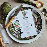 video of Decorative menu with bird and butterfly illustration on a floral-patterned background