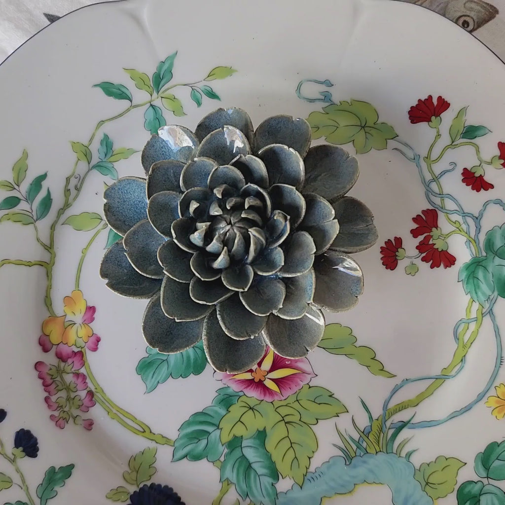 video of Handcrafted agate gray ceramic dahlia blossom with speckled glaze from The Punctilious Mr. P's Place Card Co.