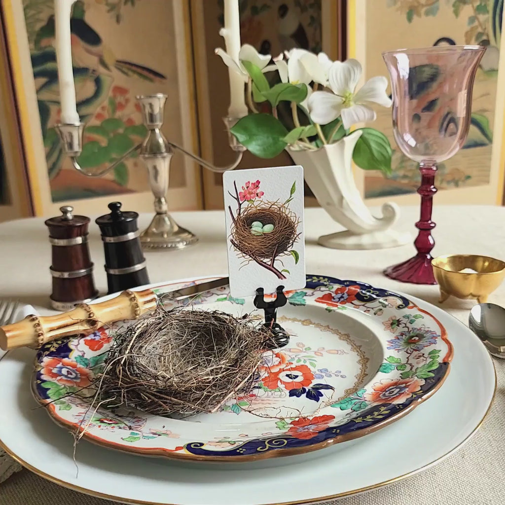 video of Robin's Egg themed place cards on a decorative plate along side a real bird's nest.