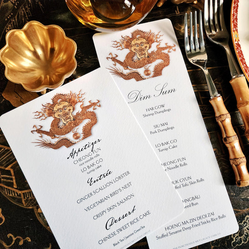 Radiant Dragon - Custom Menu Cards - s/4 - The Punctilious Mr. P's Place Card Co.