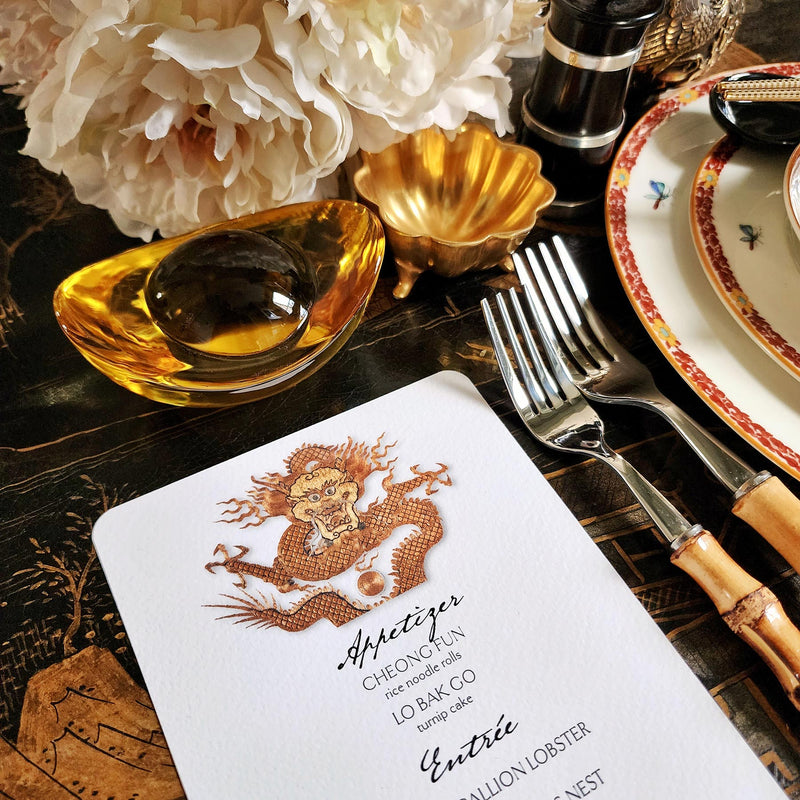 Radiant Dragon - Custom Menu Cards - s/4 - The Punctilious Mr. P's Place Card Co.