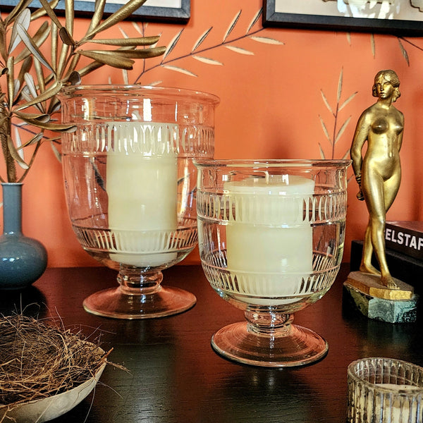 Reeded Cut Glass Hurricane Candle Holders - Trio - The Punctilious Mr. P's Place Card Co.