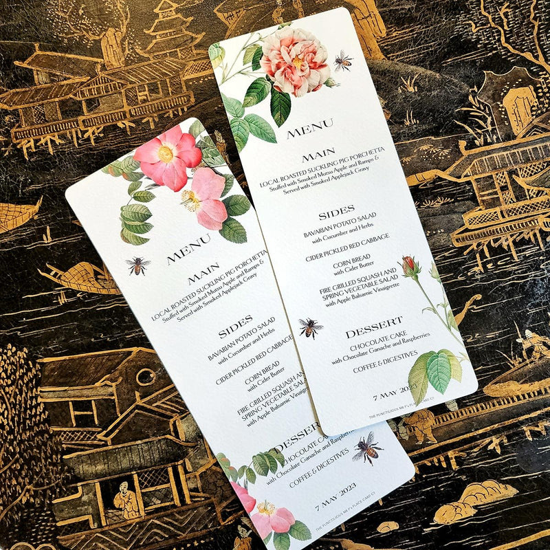 Rose Garden - Custom Menu Cards - s/4 - The Punctilious Mr. P's Place Card Co.