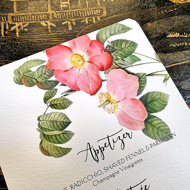 Rose Garden - Custom Menu Cards - s/4 - The Punctilious Mr. P's Place Card Co.