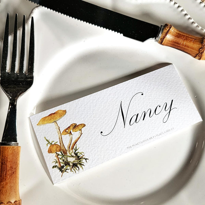 Saffron Parasol Mushrooms - Custom Place Cards - Laydown - The Punctilious Mr. P's Place Card Co.