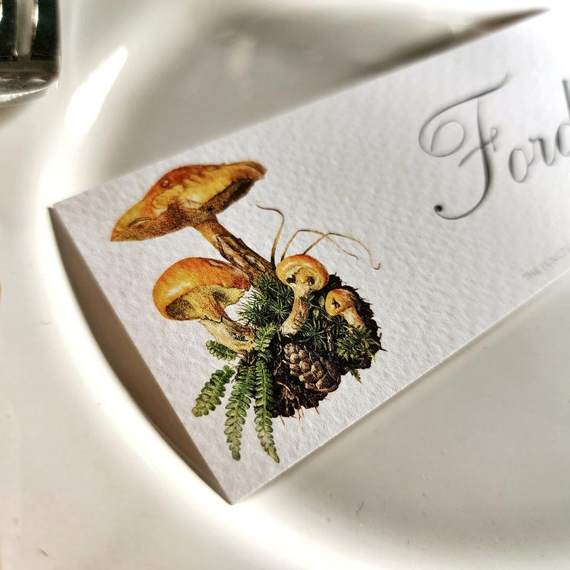 Saffron Parasol Mushrooms - Custom Place Cards - Laydown - The Punctilious Mr. P's Place Card Co.