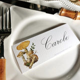 Saffron Parasol Mushrooms - Custom Place Cards - Laydown - The Punctilious Mr. P's Place Card Co.