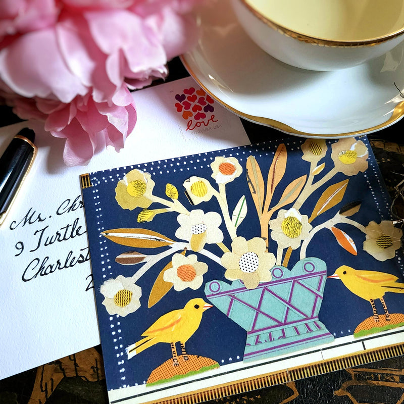 Sarah V Battle: 'Two Canaries' Pack of Custom Note Cards - The Punctilious Mr. P's Place Card Co.