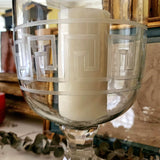 Tall Greek Key Cut Glass Hurricane Candle Holders - Pair - The Punctilious Mr. P's Place Card Co.