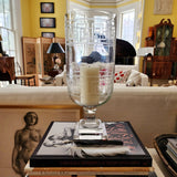 Tall Greek Key Cut Glass Hurricane Candle Holders - Pair - The Punctilious Mr. P's Place Card Co.