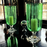 Tall Leaf Cut Glass Hurricane Candle Holders Peridot - Pair - The Punctilious Mr. P's Place Card Co.