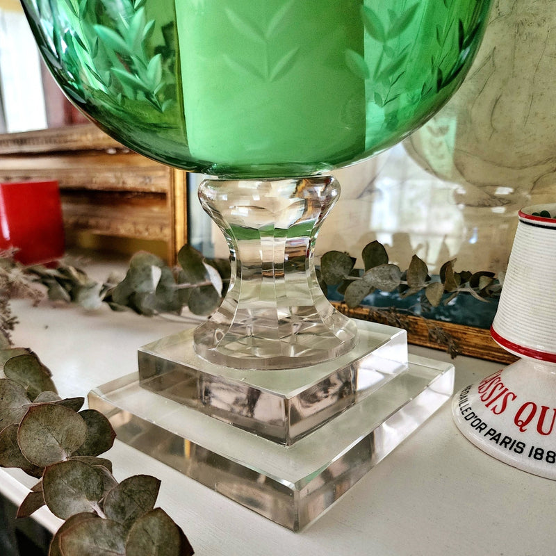 Tall Leaf Cut Glass Hurricane Candle Holders-Pair Peridot | Mr. P's