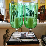 Tall Leaf Cut Glass Hurricane Candle Holders Peridot - Pair - The Punctilious Mr. P's Place Card Co.