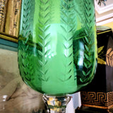 Tall Leaf Cut Glass Hurricane Candle Holders Peridot - Pair - The Punctilious Mr. P's Place Card Co.
