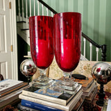 Tall Mini Star Cut Glass Hurricane Candle Holders - Red - Pair - The Punctilious Mr. P's Place Card Co.