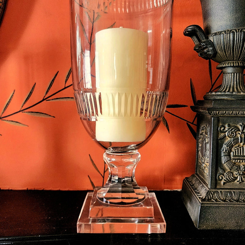 Tall Reeded Cut Glass Hurricane Candle Holders - Pair - The Punctilious Mr. P's Place Card Co.