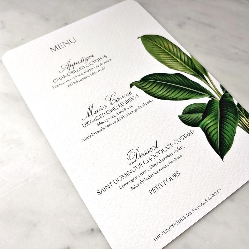 Tropical Foliage - Custom Place Cards - Upright - The Punctilious Mr. P's Place Card Co.