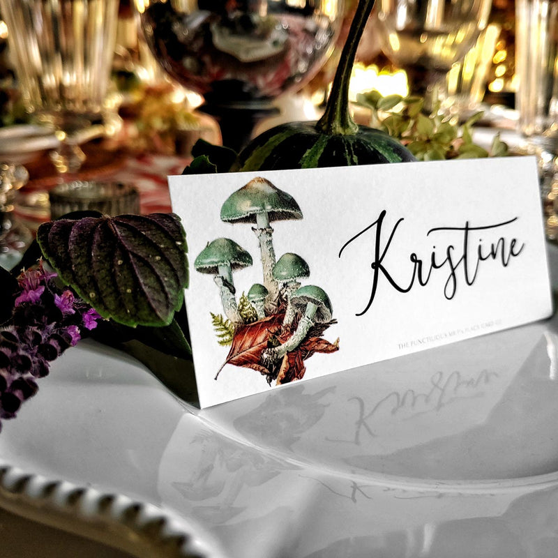 Verdigris Mushrooms - Custom Place Cards - Laydown - The Punctilious Mr. P's Place Card Co.