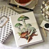 The Punctilious Mr. P's place card co. 'verdigris mushroom' custom note card pack in laying on top of of their iconic black and white anthemion folio case