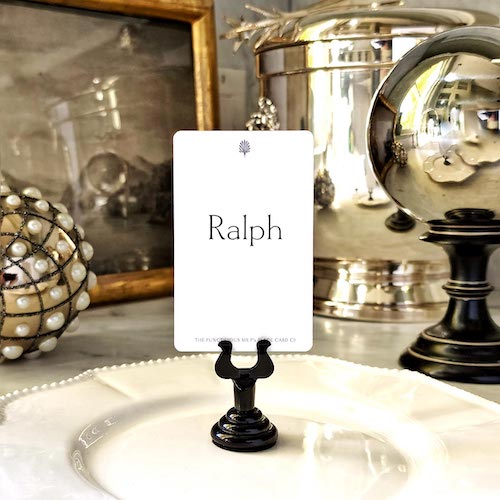 showing the back of the punctilious mr. p's place card co with the name 'ralph' printed in Mr. p's 'Hudson' font