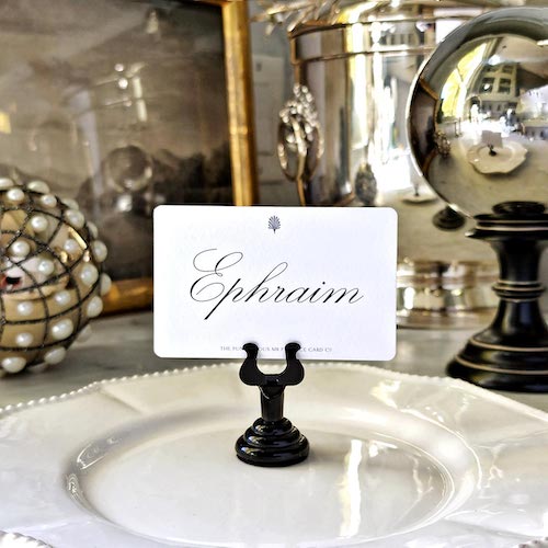showing the back of the punctilious mr. p's place card co with the name 'Ephraim' printed in Mr. p's 'Spencerian Script' font