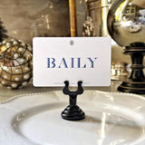 showing the back of the punctilious mr. p's place card co with the name 'Baily' printed in Mr. p's 'Whiskey' font