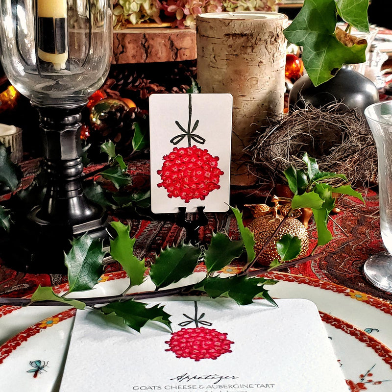Marian Mcevoy (aka Gust the Poodle) for The Punctilious Mr. P's Place Card Co. 'Ornaments' custom place card with coordinating custom menu card on top of chinoiserie dinner plate set for christmas tablescape